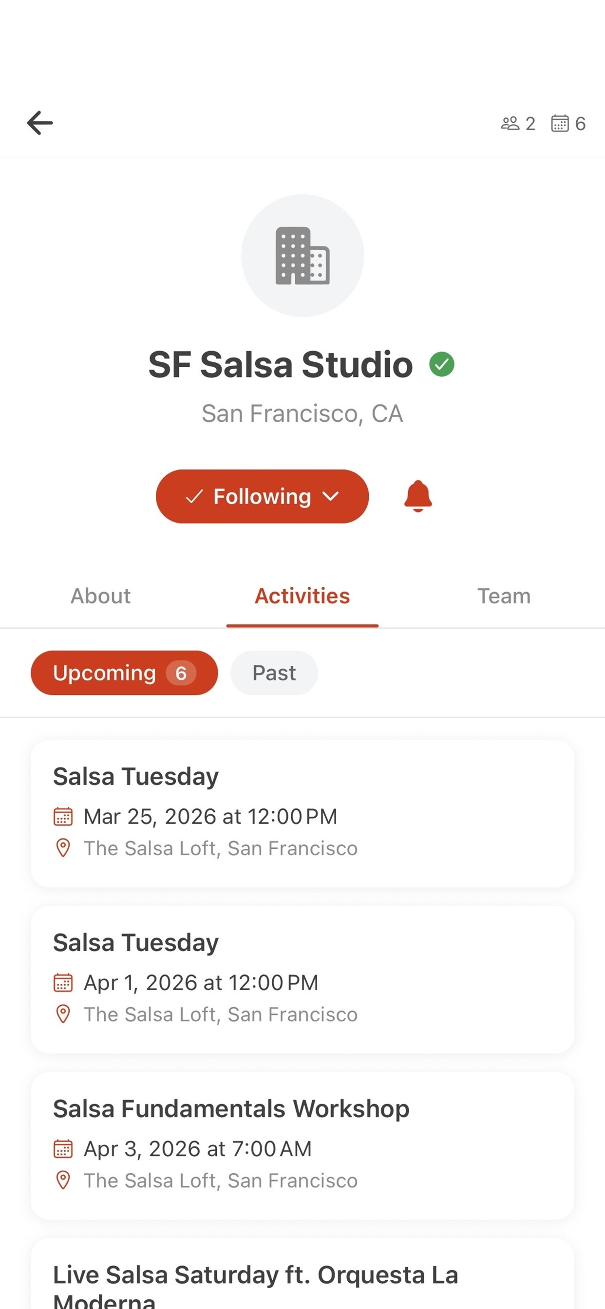Organization profile with upcoming classes