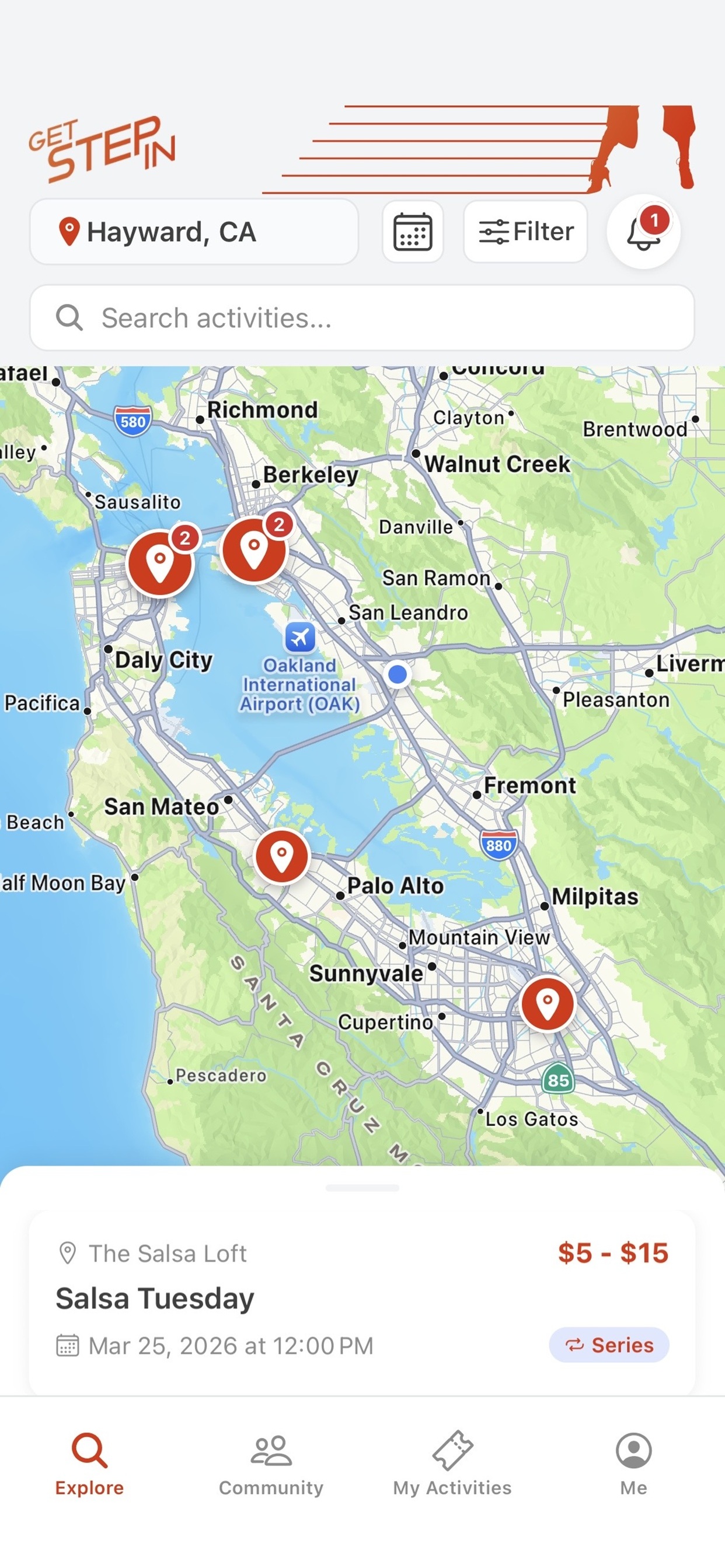 Explore page with map of local classes