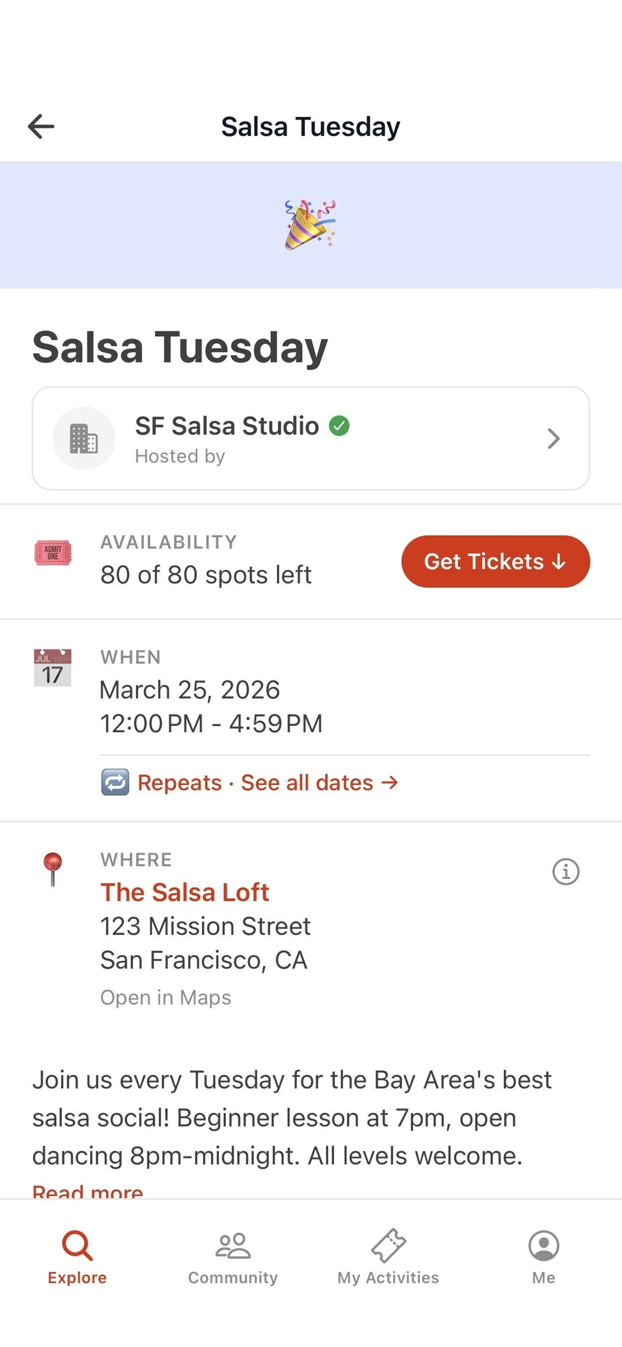 Activity detail with ticket purchase